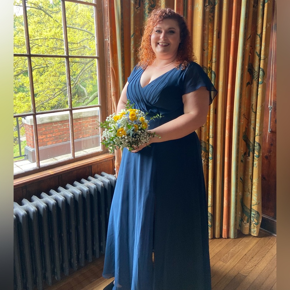 Azazie Blue Flutter Sleeve V-Neck Leg Slit Floor Length Gown